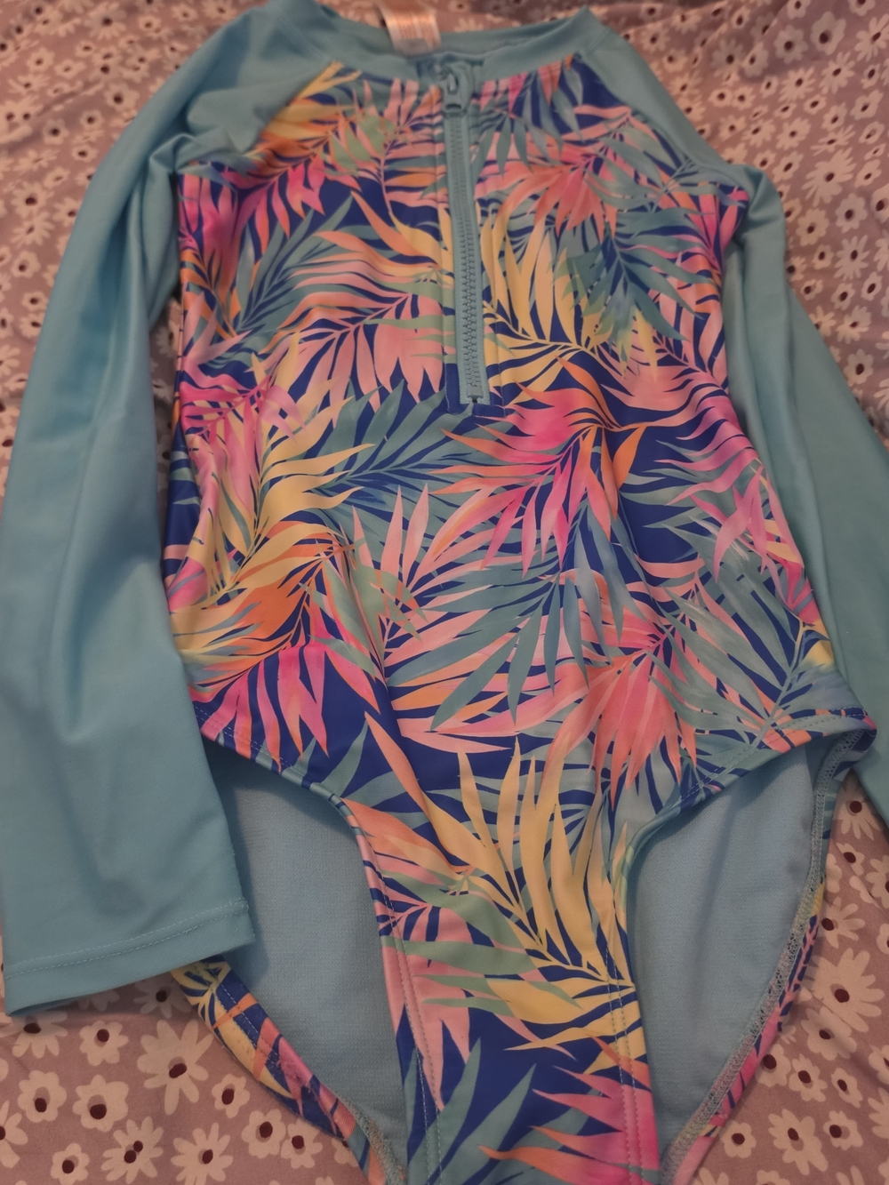 Cat & Jack Blue Long-Sleeve Tropical Leaf One-Piece Swimsuit